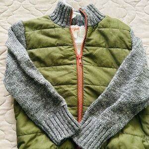 Cat & Jack Olive Green Quilted Jacket with Gray Knit Sleeves and Orange Zipper